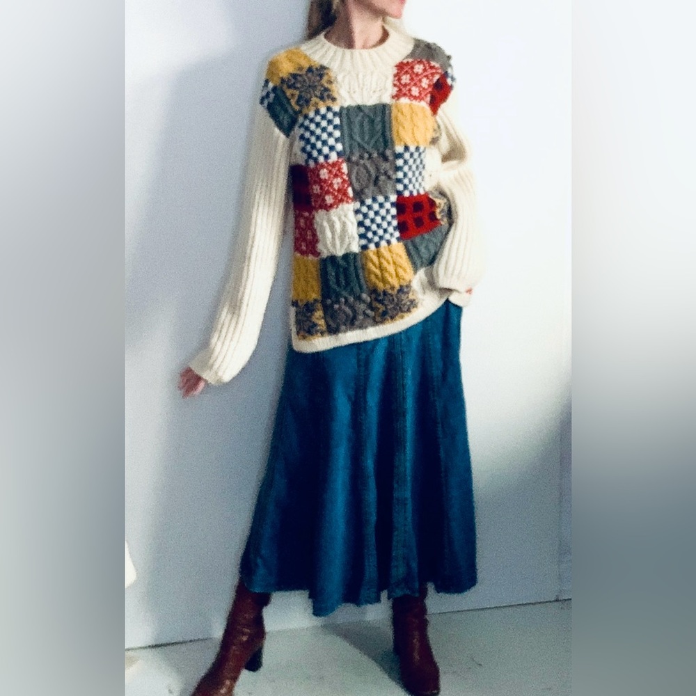 Brilliant 100% wool vintage patchwork sweater thick & roomy❤️ NICE and COSY!❤️😍.